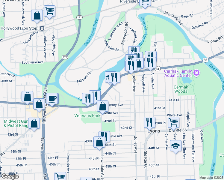 map of restaurants, bars, coffee shops, grocery stores, and more near 4100 Leland Avenue in Lyons