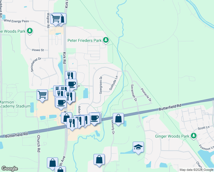 map of restaurants, bars, coffee shops, grocery stores, and more near 3025 Solitude Lane in Aurora