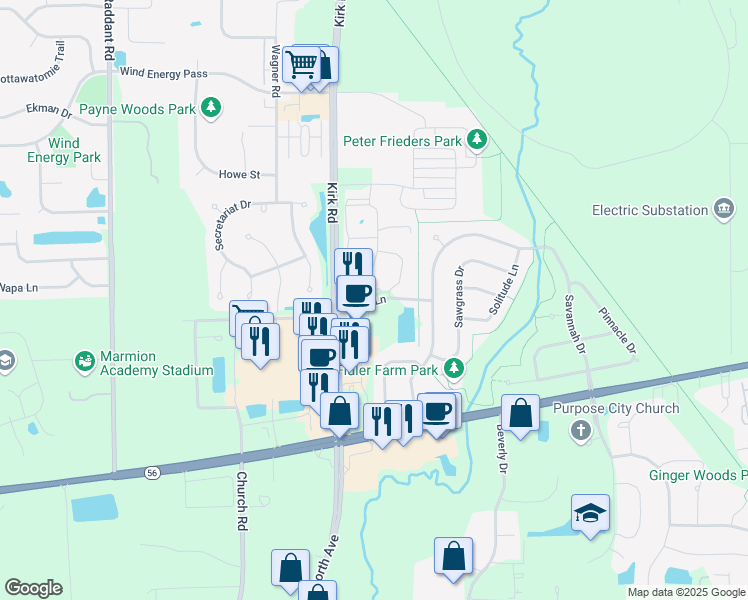 map of restaurants, bars, coffee shops, grocery stores, and more near 1553 Mesa Lane in Aurora