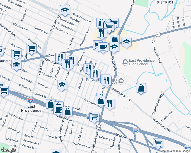 map of restaurants, bars, coffee shops, grocery stores, and more near 11 Cotter Street in East Providence