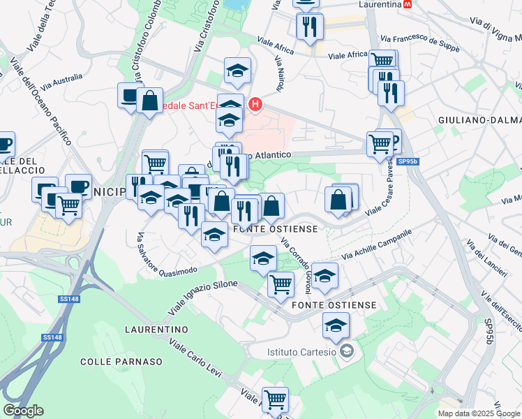 map of restaurants, bars, coffee shops, grocery stores, and more near 129 Via Elio Vittorini in Roma