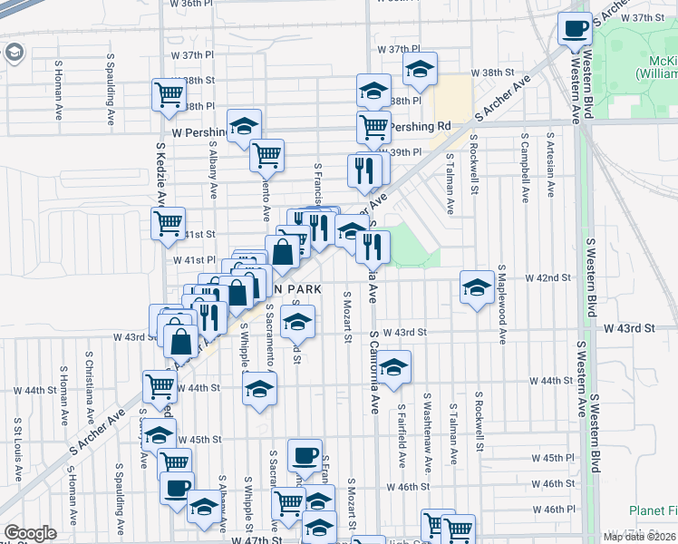 map of restaurants, bars, coffee shops, grocery stores, and more near 4206 South Mozart Street in Chicago