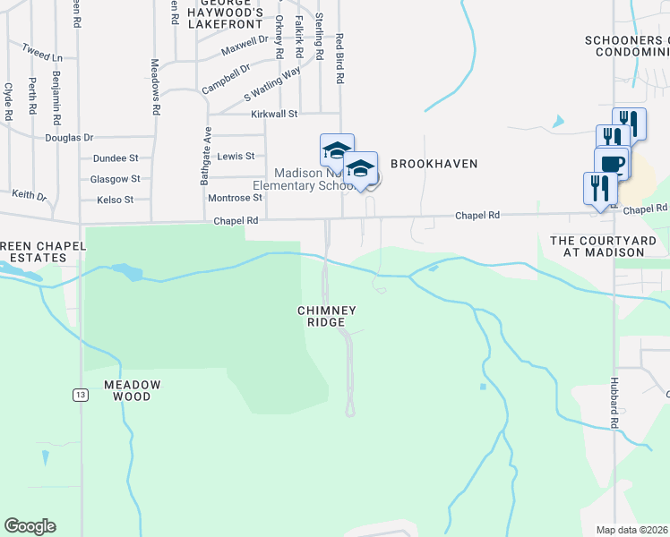 map of restaurants, bars, coffee shops, grocery stores, and more near 2107 Chimney Ridge Drive in Madison