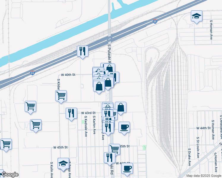 map of restaurants, bars, coffee shops, grocery stores, and more near 4141 South Pulaski Road in Chicago