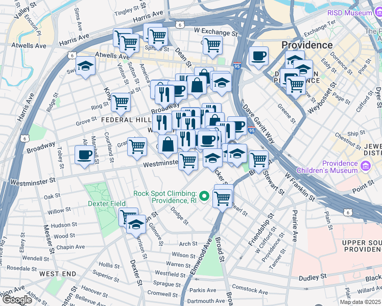 map of restaurants, bars, coffee shops, grocery stores, and more near 432 West Fountain Street in Providence