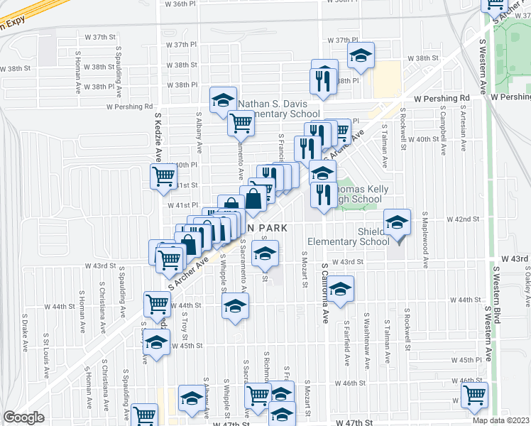 map of restaurants, bars, coffee shops, grocery stores, and more near 4165 South Archer Avenue in Chicago