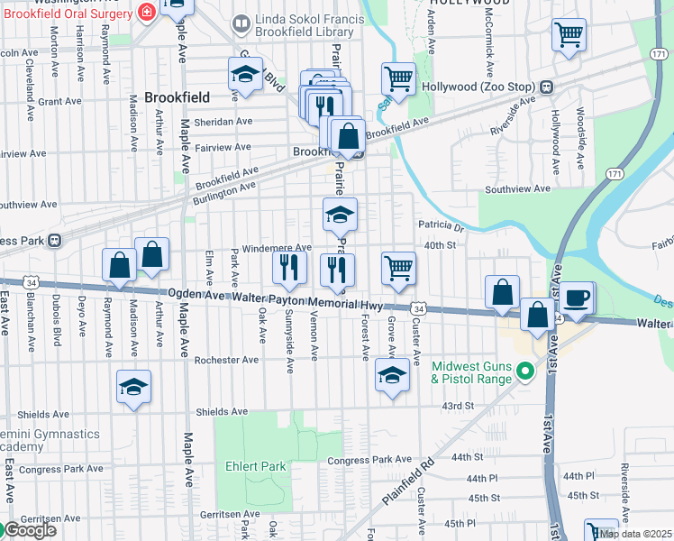 map of restaurants, bars, coffee shops, grocery stores, and more near 4008 Prairie Avenue in Brookfield