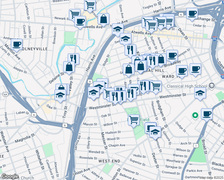 map of restaurants, bars, coffee shops, grocery stores, and more near 492 Broadway in Providence