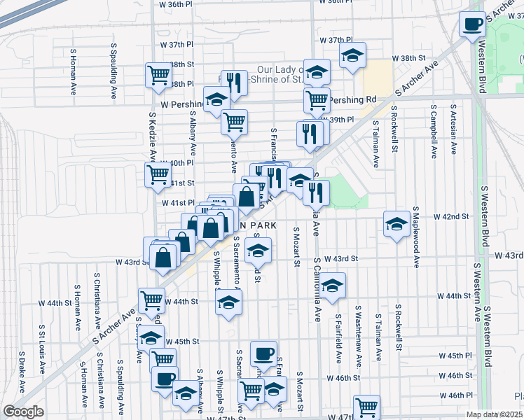 map of restaurants, bars, coffee shops, grocery stores, and more near 4161 South Archer Avenue in Chicago