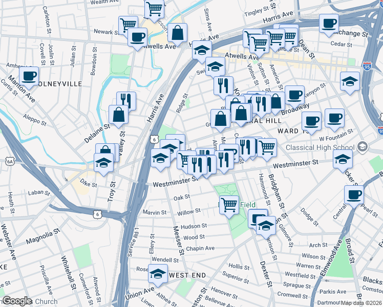 map of restaurants, bars, coffee shops, grocery stores, and more near 86 Tobey Street in Providence
