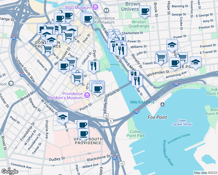 map of restaurants, bars, coffee shops, grocery stores, and more near in Providence