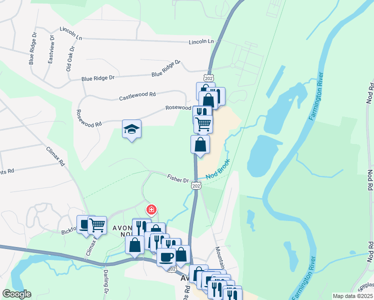 map of restaurants, bars, coffee shops, grocery stores, and more near 117 Simsbury Road in Avon