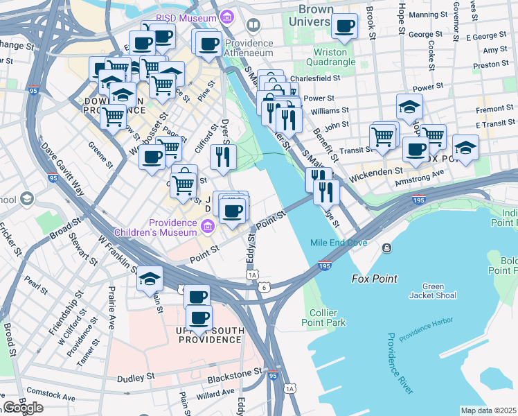 map of restaurants, bars, coffee shops, grocery stores, and more near in Providence