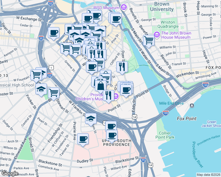 map of restaurants, bars, coffee shops, grocery stores, and more near 137 Chestnut Street in Providence
