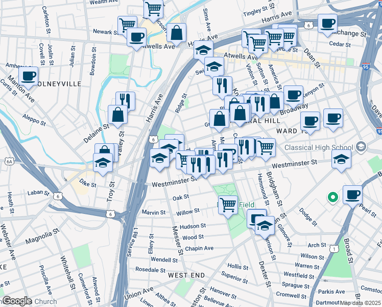 map of restaurants, bars, coffee shops, grocery stores, and more near 492 Broadway in Providence