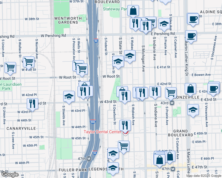 map of restaurants, bars, coffee shops, grocery stores, and more near 148 West 43rd Street in Chicago