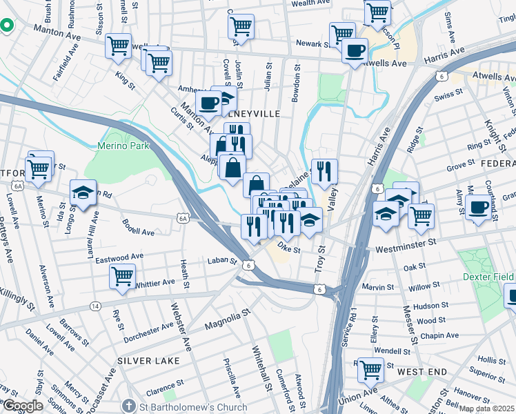 map of restaurants, bars, coffee shops, grocery stores, and more near 81 Manton Avenue in Providence