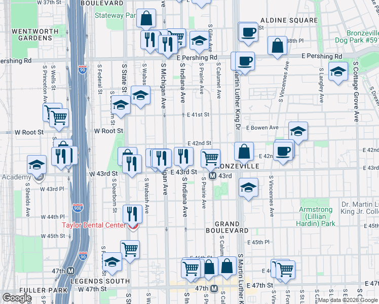 map of restaurants, bars, coffee shops, grocery stores, and more near 4155 South Indiana Avenue in Chicago