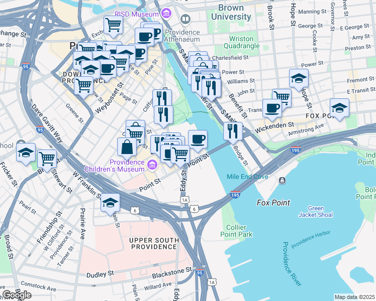 map of restaurants, bars, coffee shops, grocery stores, and more near 3 South Street in Providence