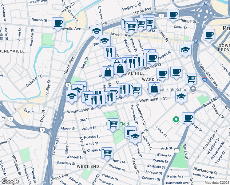 map of restaurants, bars, coffee shops, grocery stores, and more near 359 Carpenter Street in Providence