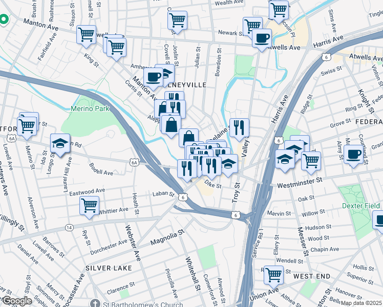 map of restaurants, bars, coffee shops, grocery stores, and more near 81 Manton Avenue in Providence