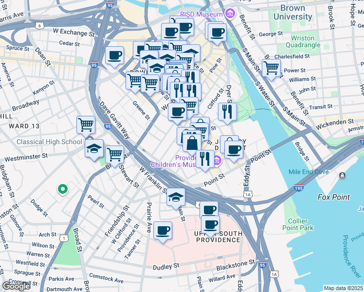 map of restaurants, bars, coffee shops, grocery stores, and more near 35 Claverick Street in Providence