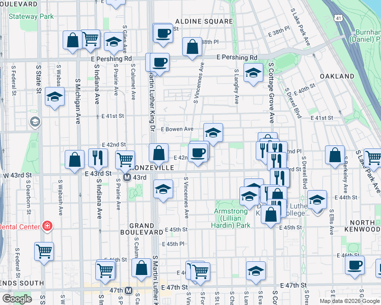 map of restaurants, bars, coffee shops, grocery stores, and more near 4153 South Vincennes Avenue in Chicago