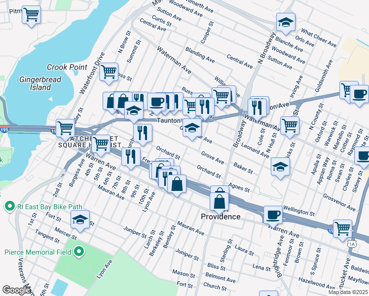 map of restaurants, bars, coffee shops, grocery stores, and more near 92 Grove Avenue in East Providence