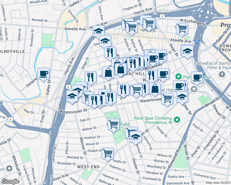 map of restaurants, bars, coffee shops, grocery stores, and more near 8 Armenia Street in Providence