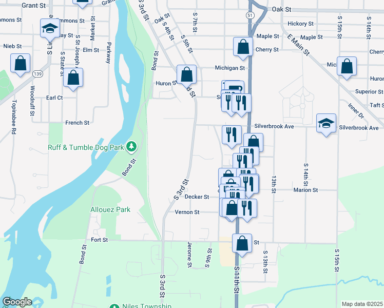 map of restaurants, bars, coffee shops, grocery stores, and more near 923 South 3rd Street in Niles