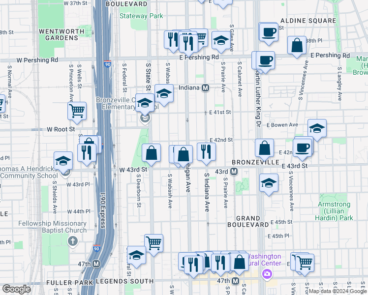 map of restaurants, bars, coffee shops, grocery stores, and more near 4157 South Wabash Avenue in Chicago