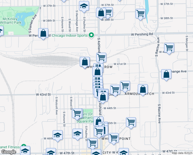 map of restaurants, bars, coffee shops, grocery stores, and more near 4102 South Ashland Avenue in Chicago