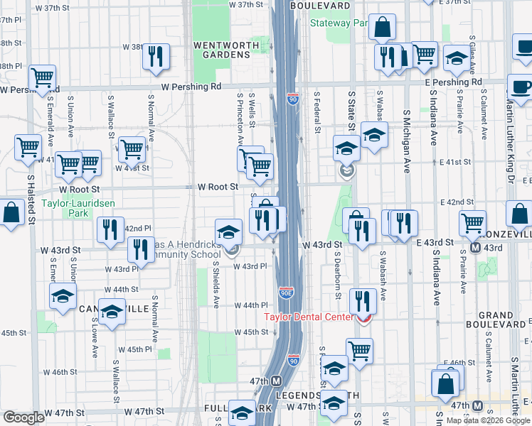 map of restaurants, bars, coffee shops, grocery stores, and more near 4150 South Wentworth Avenue in Chicago
