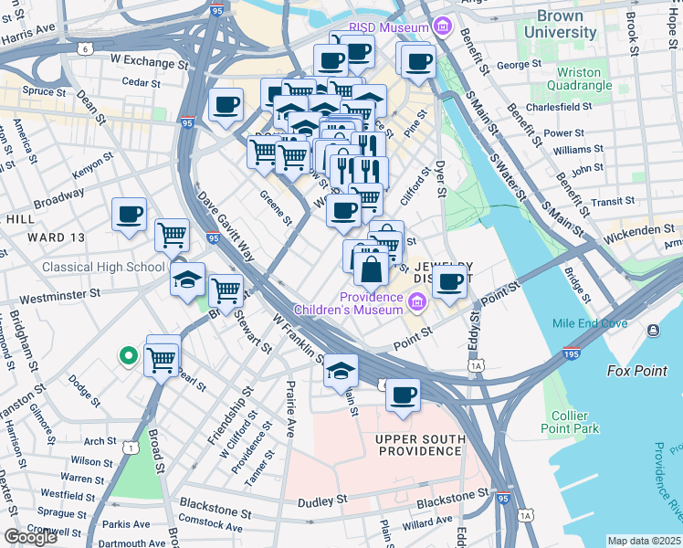 map of restaurants, bars, coffee shops, grocery stores, and more near 35 Claverick Street in Providence