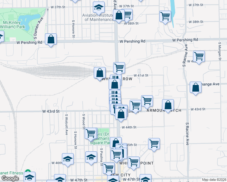 map of restaurants, bars, coffee shops, grocery stores, and more near 4158 South Ashland Avenue in Chicago