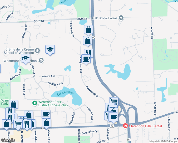 map of restaurants, bars, coffee shops, grocery stores, and more near 999 Oakmont Plaza Drive in Westmont