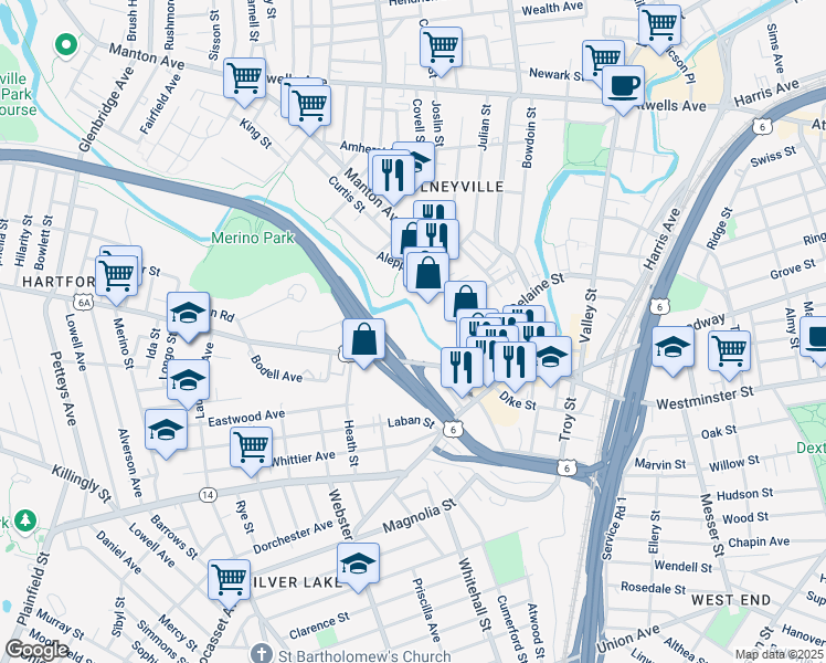map of restaurants, bars, coffee shops, grocery stores, and more near 191 Hartford Avenue in Providence