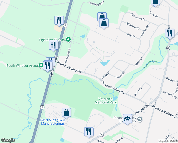 map of restaurants, bars, coffee shops, grocery stores, and more near 418 Pleasant Valley Road in South Windsor