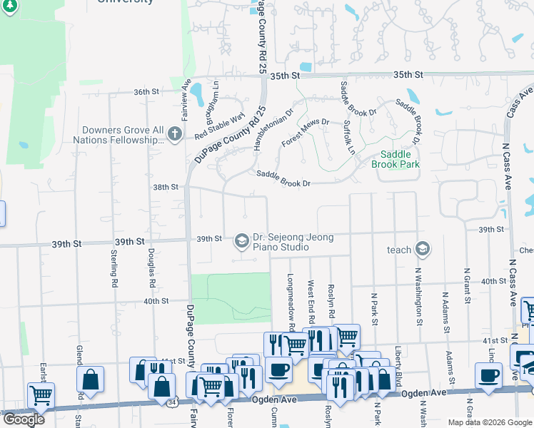 map of restaurants, bars, coffee shops, grocery stores, and more near 3816 Cumnor Road in Downers Grove