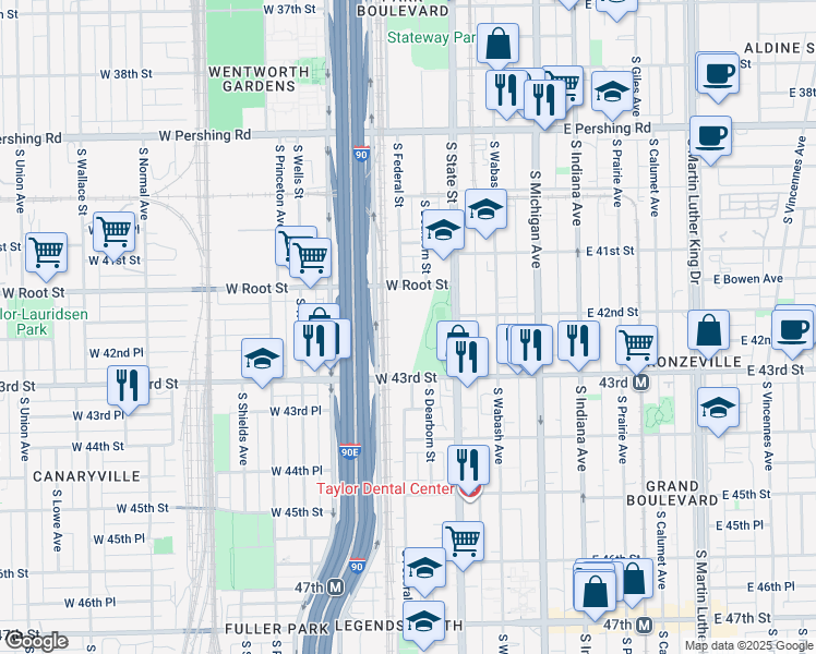 map of restaurants, bars, coffee shops, grocery stores, and more near 148 West 43rd Street in Chicago