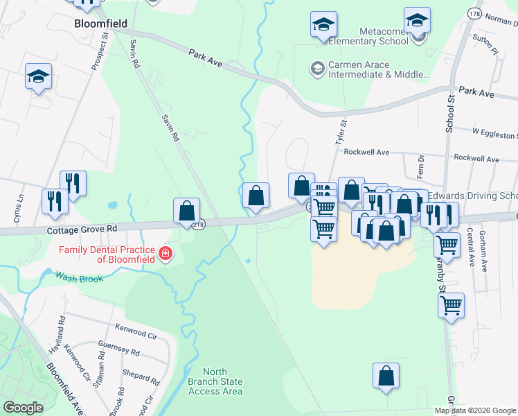 map of restaurants, bars, coffee shops, grocery stores, and more near 470 Cottage Grove Road in Bloomfield