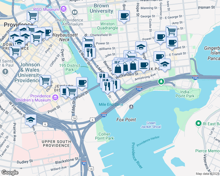 map of restaurants, bars, coffee shops, grocery stores, and more near 555 South Main Street in Providence