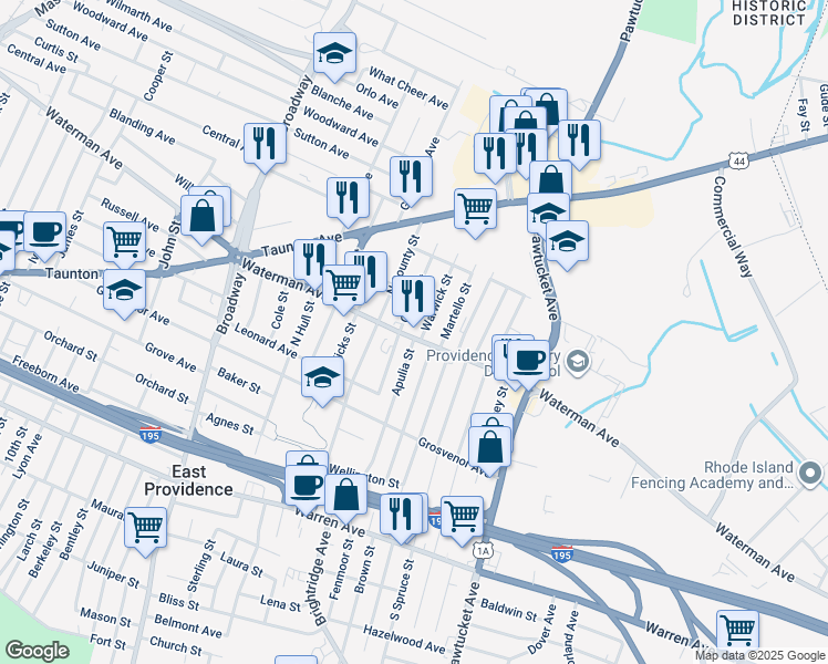 map of restaurants, bars, coffee shops, grocery stores, and more near 18 Warwick Street in East Providence