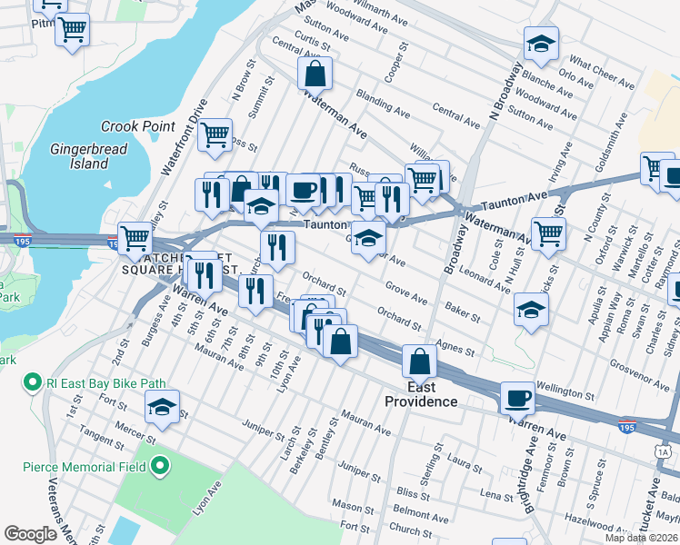 map of restaurants, bars, coffee shops, grocery stores, and more near 62 Grove Avenue in East Providence