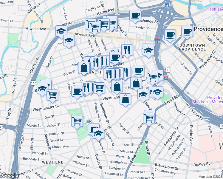 map of restaurants, bars, coffee shops, grocery stores, and more near in Providence