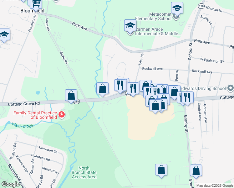 map of restaurants, bars, coffee shops, grocery stores, and more near 438 Cottage Grove Road in Bloomfield