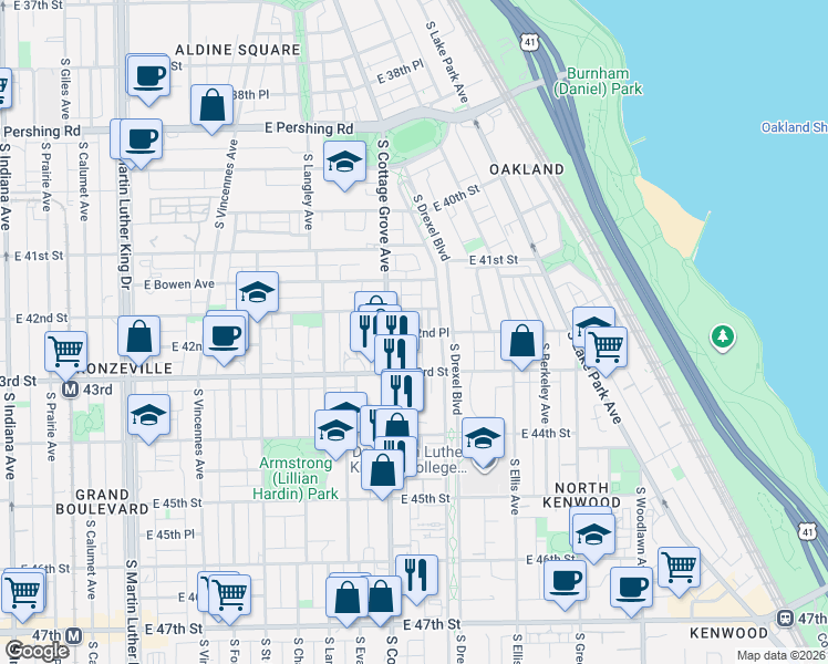 map of restaurants, bars, coffee shops, grocery stores, and more near 817 East 42nd Street in Chicago