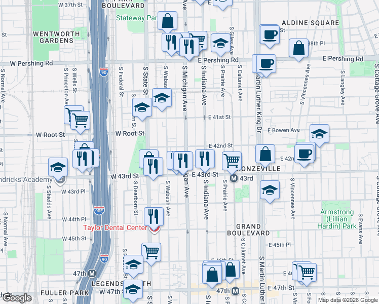 map of restaurants, bars, coffee shops, grocery stores, and more near 4157 South Michigan Avenue in Chicago