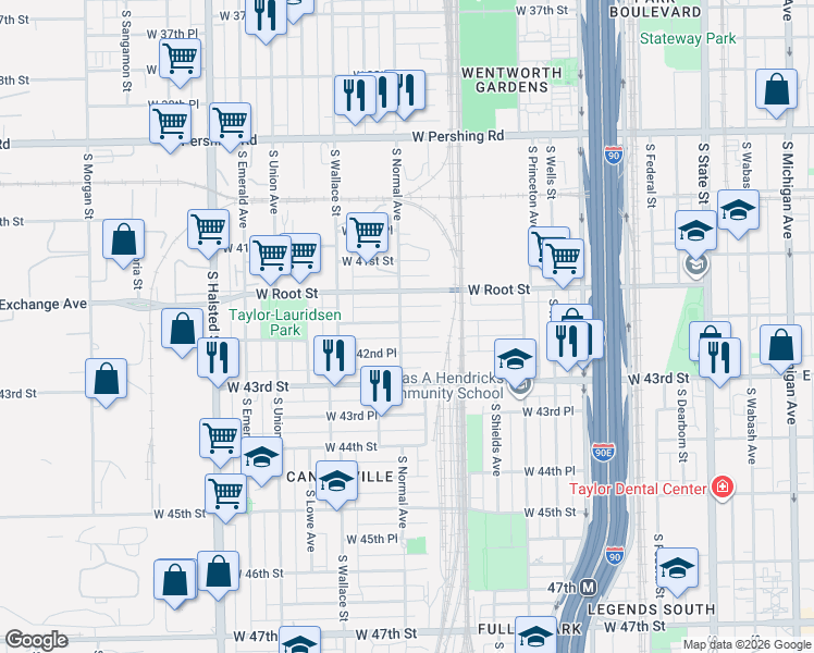 map of restaurants, bars, coffee shops, grocery stores, and more near 436 West 42nd Street in Chicago
