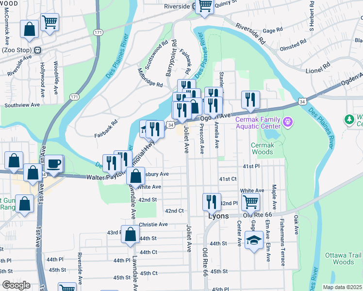 map of restaurants, bars, coffee shops, grocery stores, and more near 8057 Joliet Avenue in Lyons